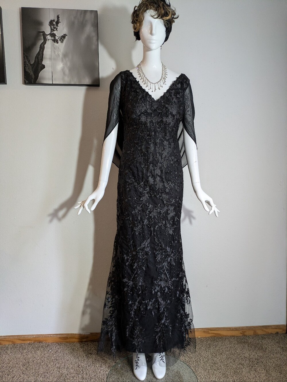 Black Floral Lace Embroidered Maxi Evening Gown w/ Chiffon Shawl Size 10W